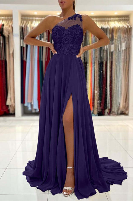 One-Shoulder Lace Appliques Prom Dress Long With Slit - Prom Dresses