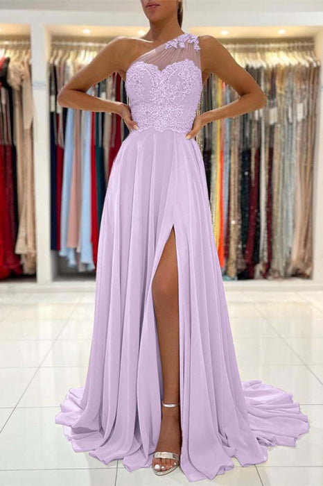 One-Shoulder Lace Appliques Prom Dress Long With Slit - Prom Dresses