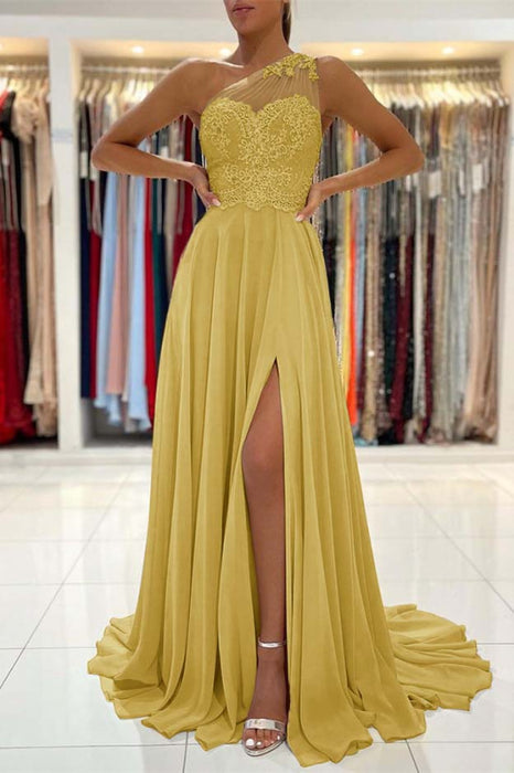 One-Shoulder Lace Appliques Prom Dress Long With Slit - Prom Dresses