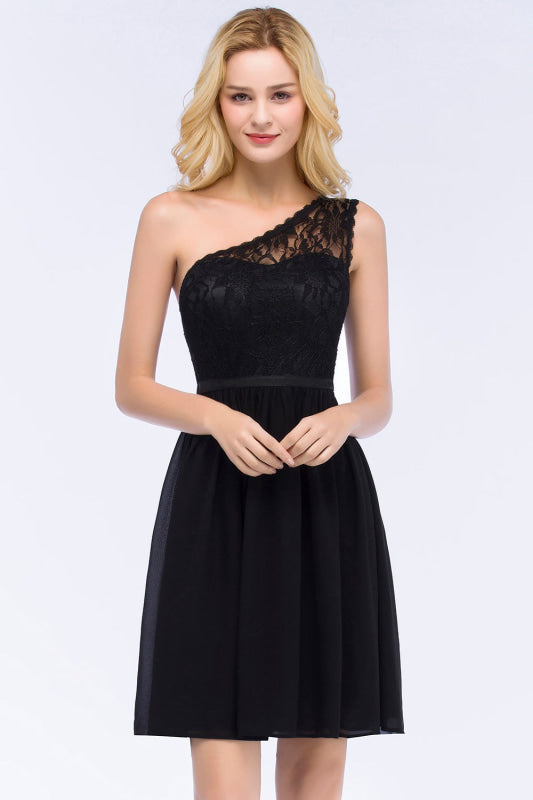 One Shoulder Lace Chiffon Knee-Length Black Formal Dress — Bridelily