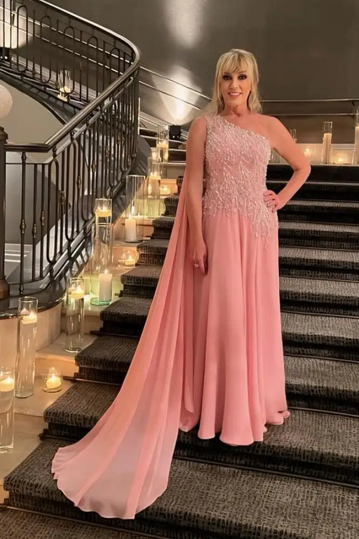 One-Shoulder Long A-Line Chiffon Lace Evening Dresses with Beads - Prom Dresses