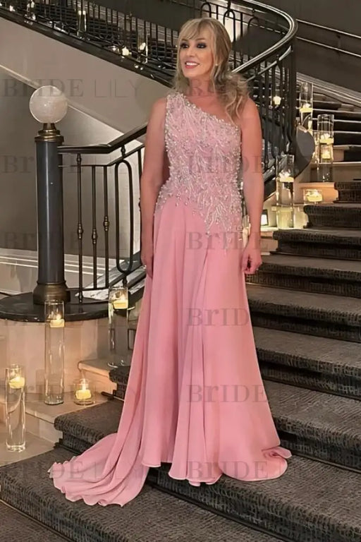 One-Shoulder Long A-Line Chiffon Lace Evening Dresses with Beads - Prom Dresses