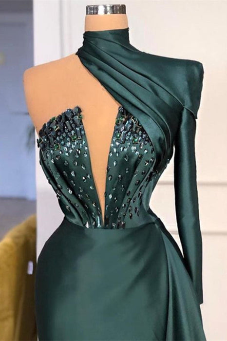 One Shoulder Long Prom Dress With Sequins in Dark Green