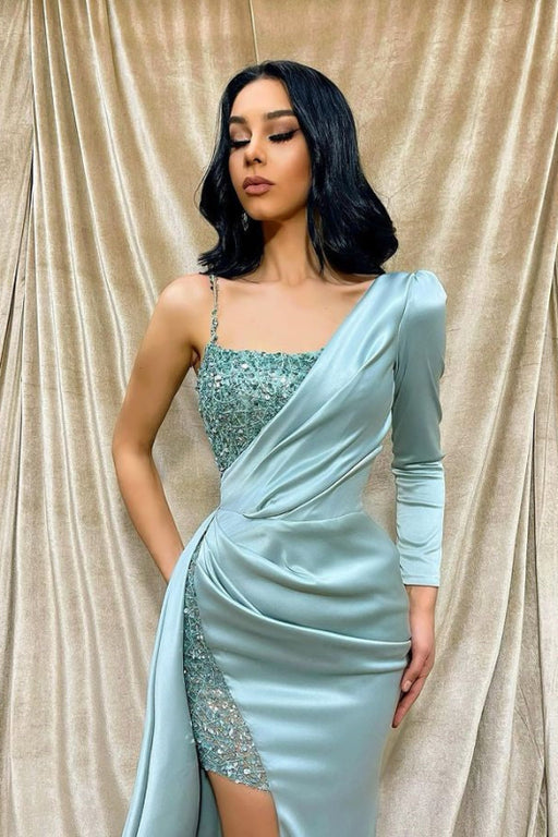 One Shoulder Long Sleeve Front Split Mermaid Evening Dress With Sequins in Light Green