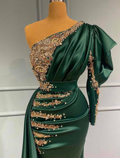 Mermaid One Shoulder Green Satin Beaded Long Prom Dresses VK24041701 main image 0