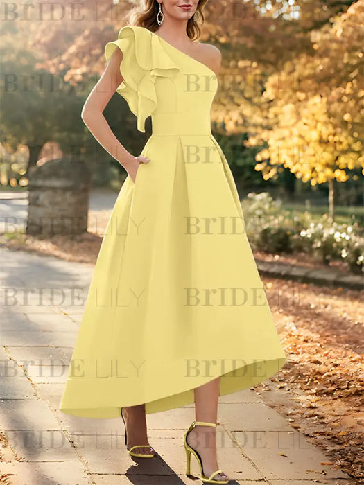 Canary one shoulder mikado mother of the bride dress with ruffle trim