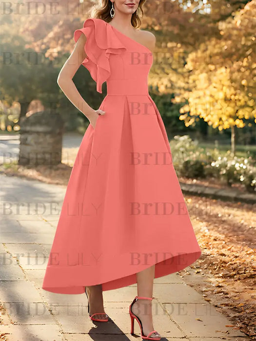 Coral one shoulder mikado mother of the bride dress with ruffle trim
