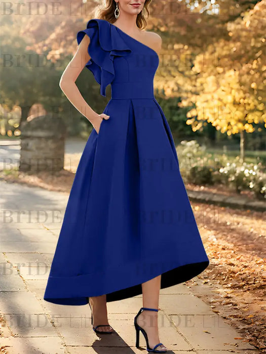 Dark Royal Blue one shoulder mikado mother of the bride dress with ruffle trim