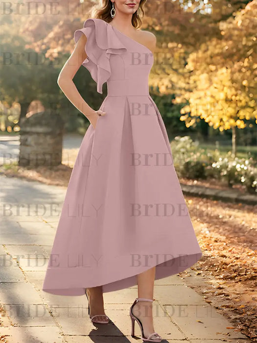 Dusty Pink one shoulder mikado mother of the bride dress with ruffle trim