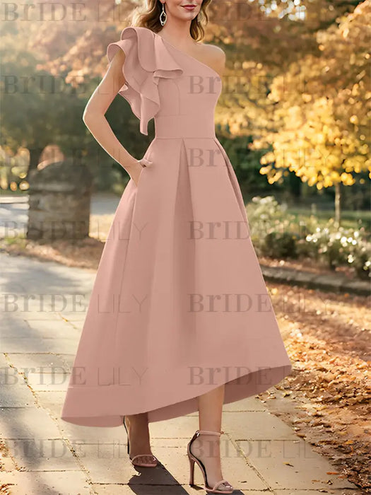 Dusty Rose one shoulder mikado mother of the bride dress with ruffle trim