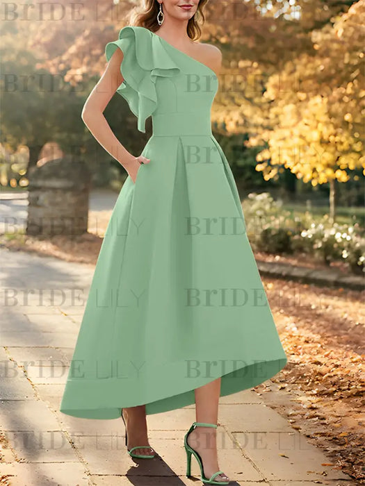 Dusty Sage one shoulder mikado mother of the bride dress with ruffle trim