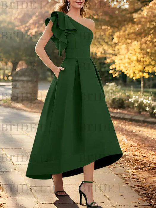 Emerald one shoulder mikado mother of the bride dress with ruffle trim