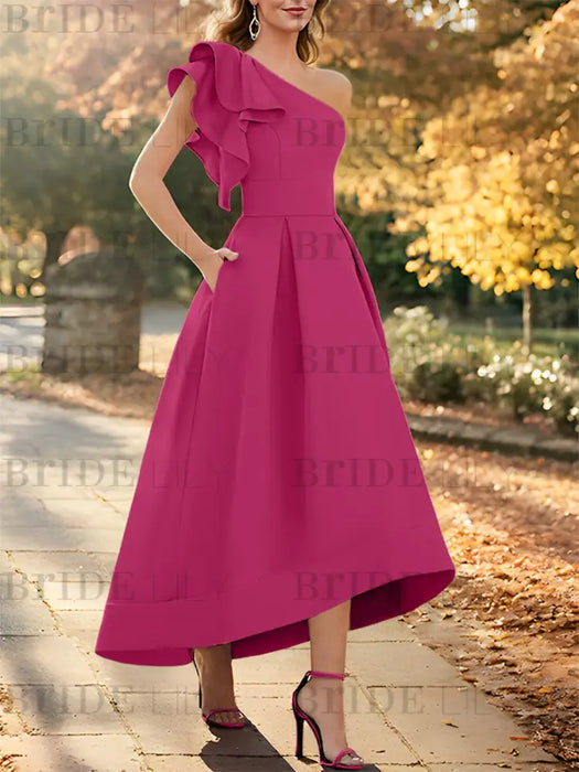 Fuchsia one shoulder mikado mother of the bride dress with ruffle trim
