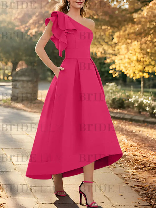 Fuchsia Pink one shoulder mikado mother of the bride dress with ruffle trim
