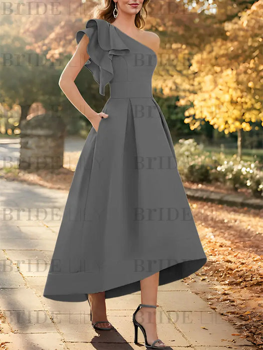Gray one shoulder mikado mother of the bride dress with ruffle trim
