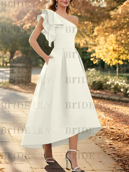 Ivory one shoulder mikado mother of the bride dress with ruffle trim