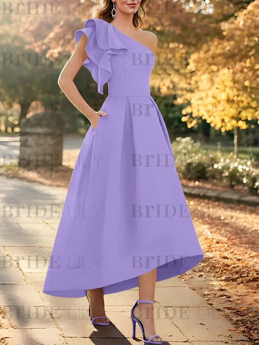 Light Purple one shoulder mikado mother of the bride dress with ruffle trim
