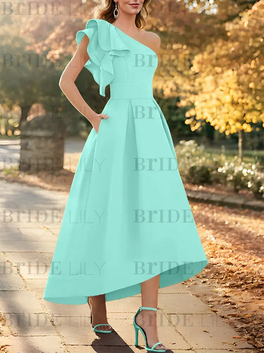 Light Sky Blue one shoulder mikado mother of the bride dress with ruffle trim