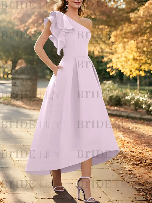 Lilac one shoulder mikado mother of the bride dress with ruffle trim