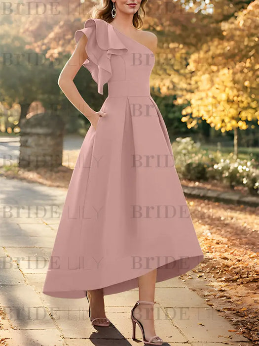 Mauve one shoulder mikado mother of the bride dress with ruffle trim