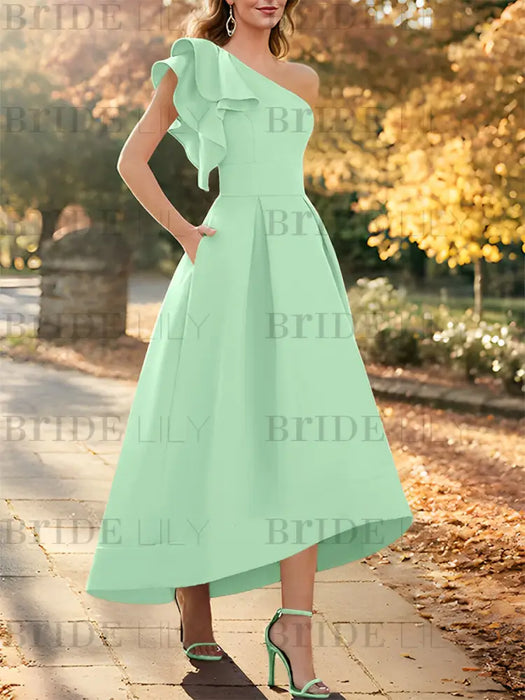 Mint Green one shoulder mikado mother of the bride dress with ruffle trim