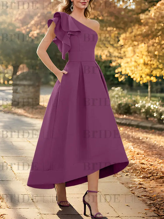 Mulberry one shoulder mikado mother of the bride dress with ruffle trim