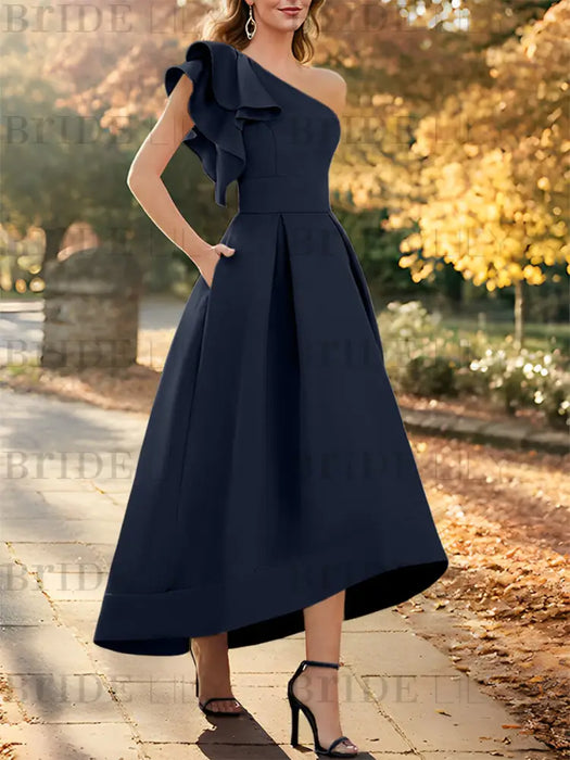 Navy Blue one shoulder mikado mother of the bride dress with ruffle trim