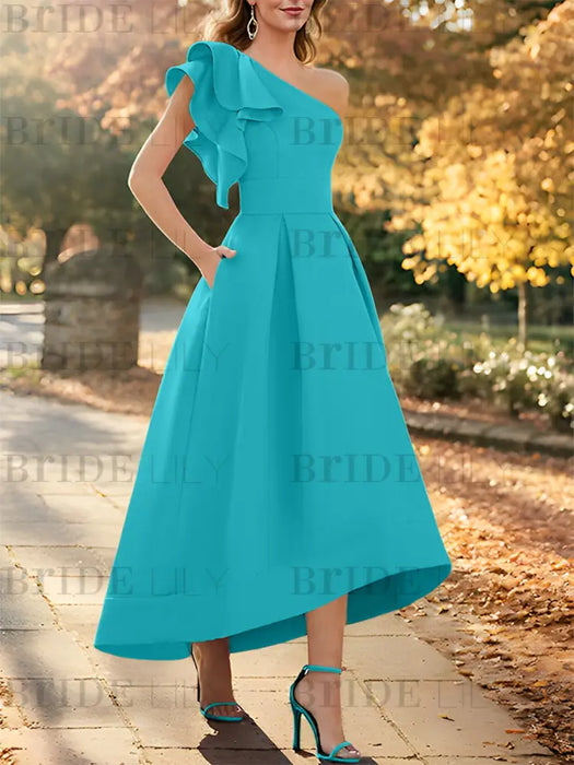 Ocean Blue one shoulder mikado mother of the bride dress with ruffle trim