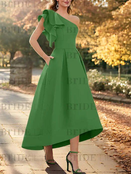 Olive Green one shoulder mikado mother of the bride dress with ruffle trim