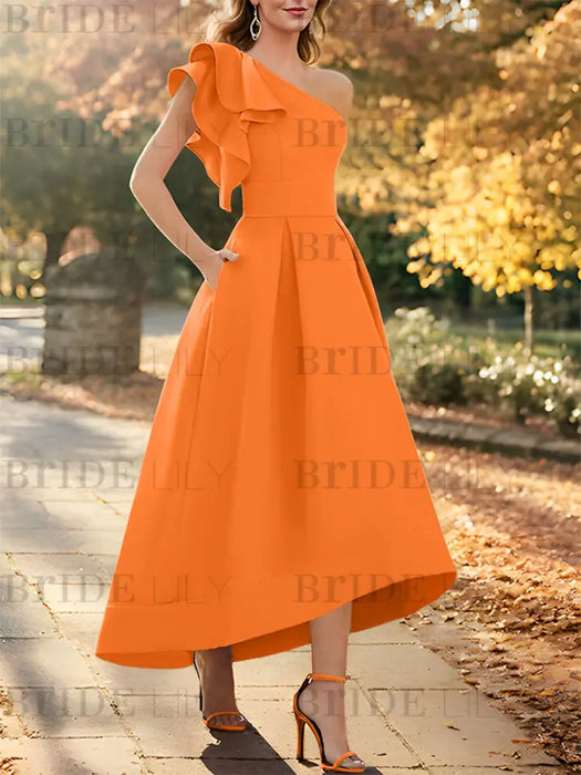 Orange one shoulder mikado mother of the bride dress with ruffle trim