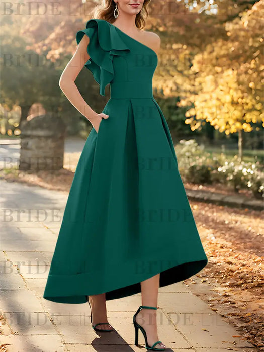 Peacock one shoulder mikado mother of the bride dress with ruffle trim