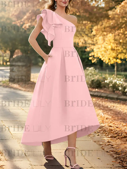 Pink one shoulder mikado mother of the bride dress with ruffle trim