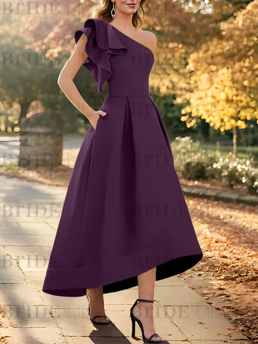 Plum one shoulder mikado mother of the bride dress with ruffle trim