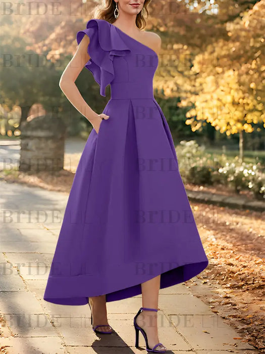 Purple one shoulder mikado mother of the bride dress with ruffle trim
