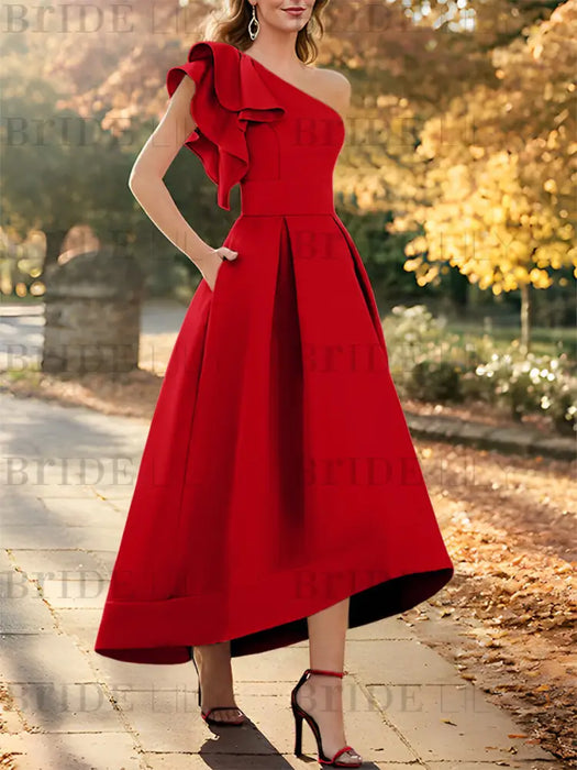 Red one shoulder mikado mother of the bride dress with ruffle trim