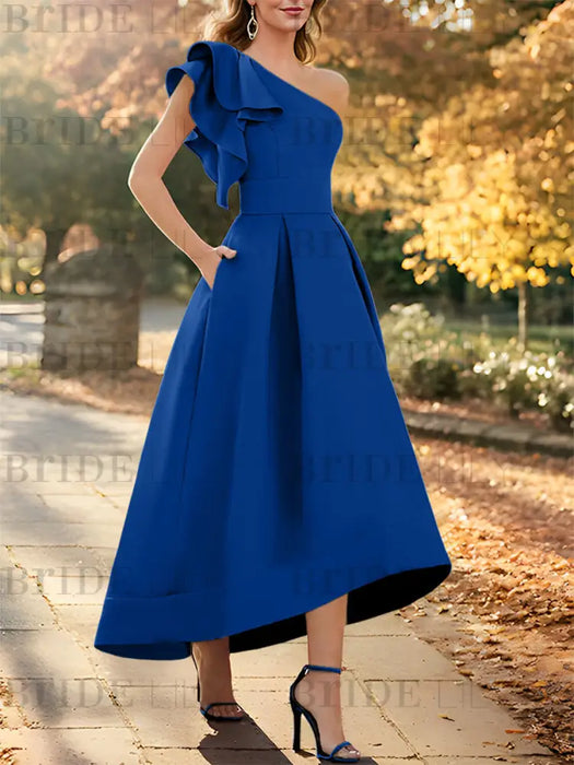 Royal Blue one shoulder mikado mother of the bride dress with ruffle trim