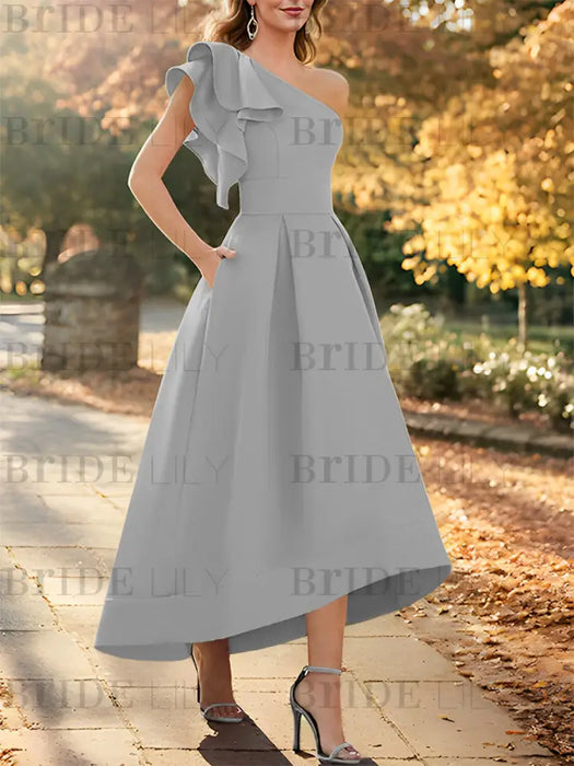 Silver one shoulder mikado mother of the bride dress with ruffle trim