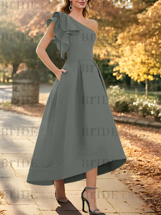 Silver Gray one shoulder mikado mother of the bride dress with ruffle trim