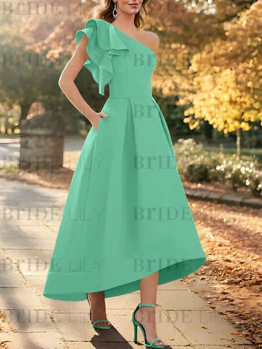 Spa one shoulder mikado mother of the bride dress with ruffle trim