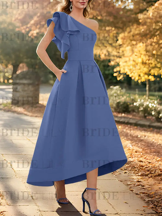 Stormy Blue one shoulder mikado mother of the bride dress with ruffle trim