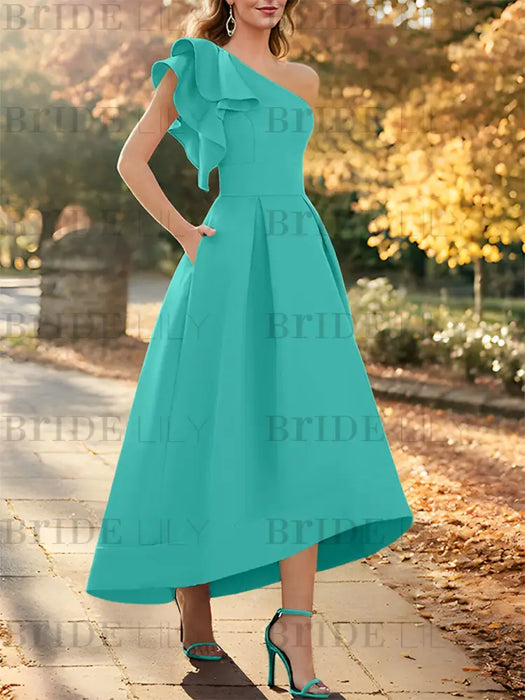 Turquoise one shoulder mikado mother of the bride dress with ruffle trim