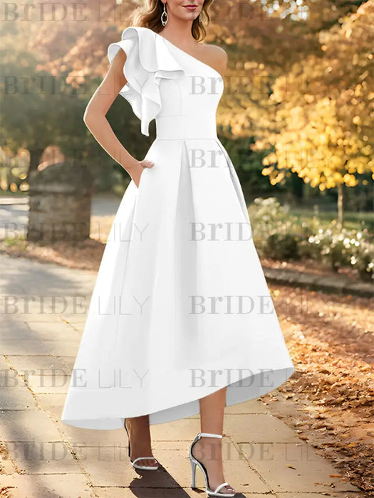 White one shoulder mikado mother of the bride dress with ruffle trim