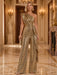 One Shoulder Pleated Sequin Wide Leg Evening Jumpsuit