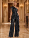 Black One Shoulder Pleated Sequin Wide Leg Evening Jumpsuit