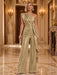 Champagne One Shoulder Pleated Sequin Wide Leg Evening Jumpsuit