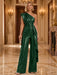 Dark Green One Shoulder Pleated Sequin Wide Leg Evening Jumpsuit