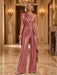 Desert Rose One Shoulder Pleated Sequin Wide Leg Evening Jumpsuit