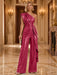 Fuchsia One Shoulder Pleated Sequin Wide Leg Evening Jumpsuit