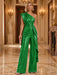Green One Shoulder Pleated Sequin Wide Leg Evening Jumpsuit