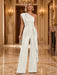 Ivory One Shoulder Pleated Sequin Wide Leg Evening Jumpsuit